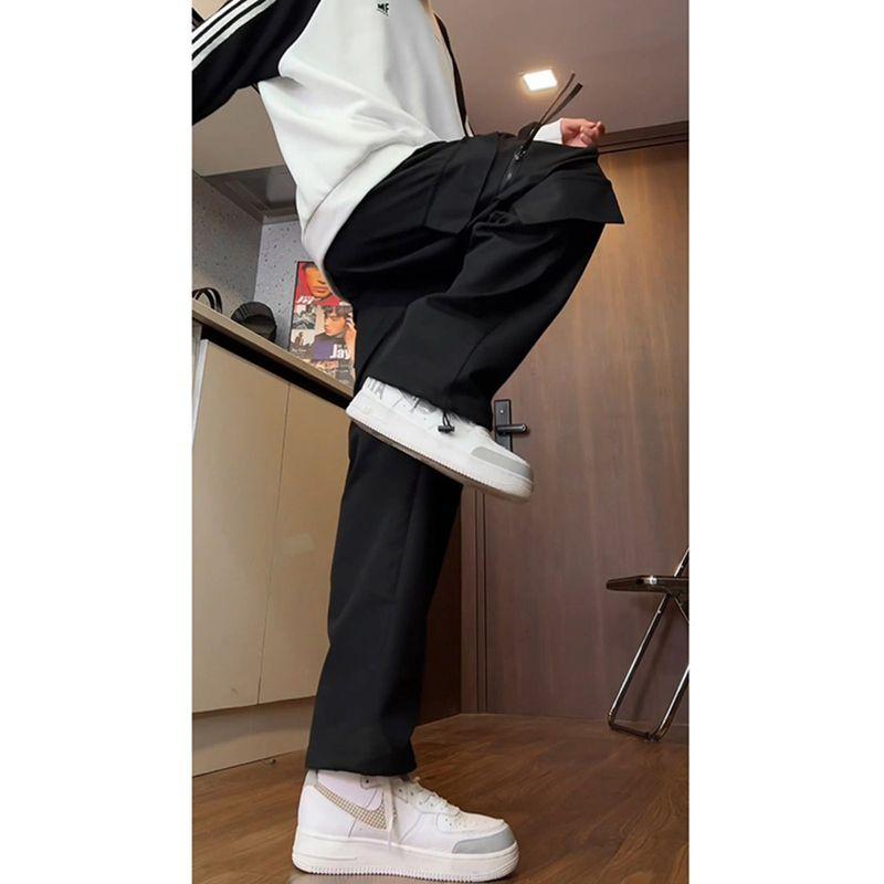 Tall Men's Extra-Long Pants, Autumn American-Style Paratrooper Cargo Pants, Men's Fleece-Lined Straight-Leg Casual Pants for Teenagers