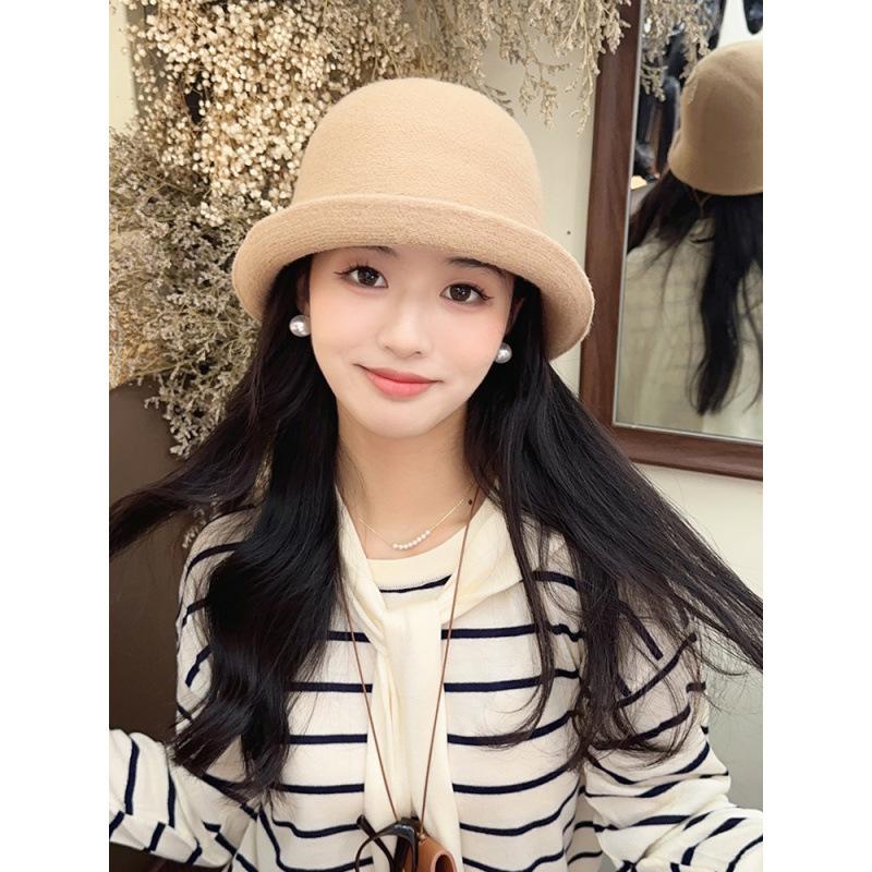 Bucket hat women's autumn and winter new solid color temperament top hat big head circumference curling women's bucket hat fashionable and versatile