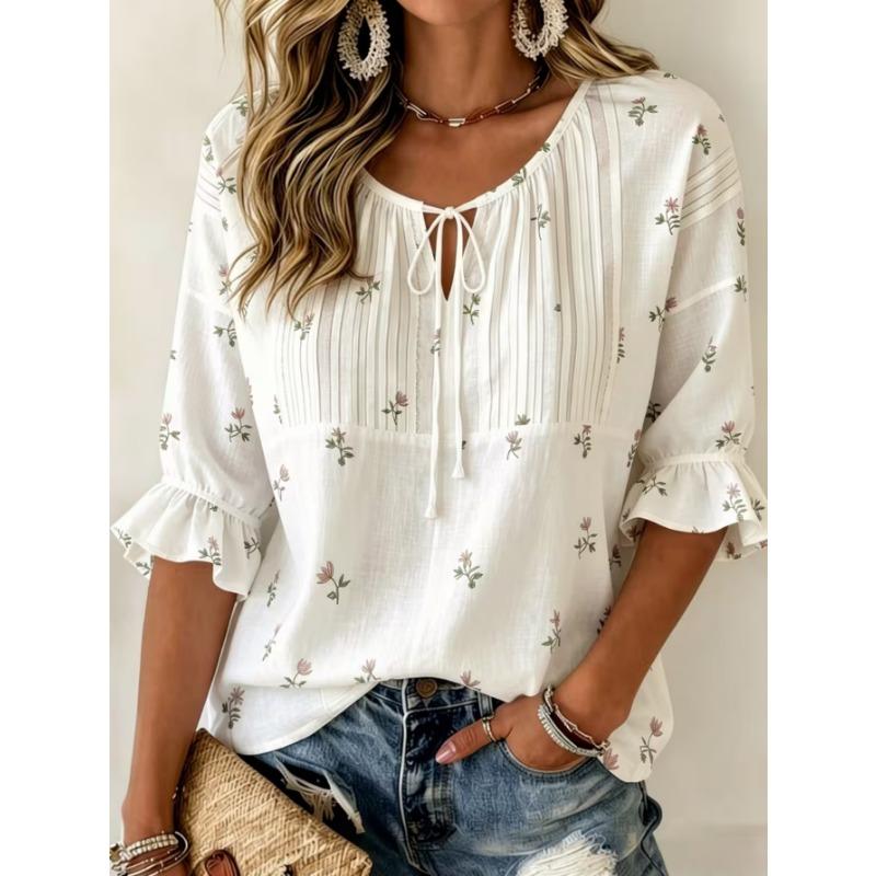Women's elegant printed lace-up flared top, stylish and versatile, comfortable and skin-friendly