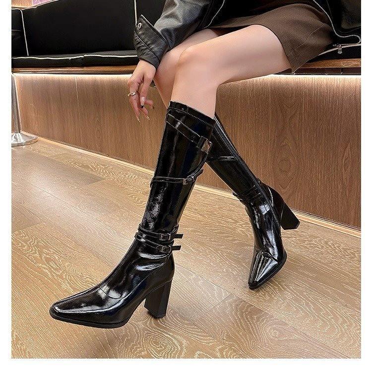 Fried Street Coarse Heel Tall Knight Boots Women's Autumn and Winter British Style Belt Buckle High Heel Skinny Boots Long Locomotive Fashion Boots
