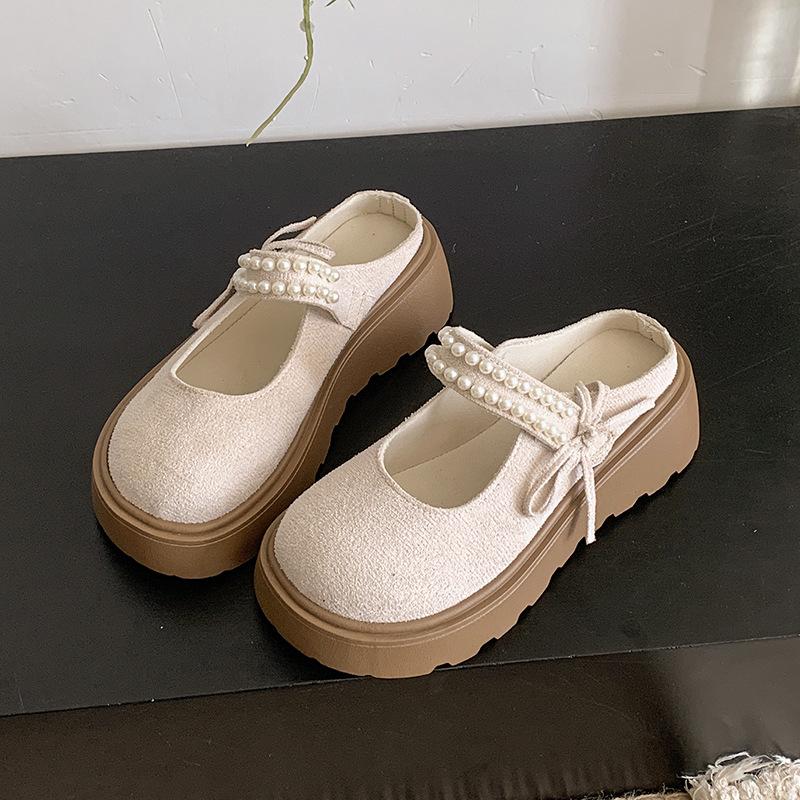 Liten väska huvuddrag dam vår ny retro mode pärla rosett tjockbottnade halvtofflor