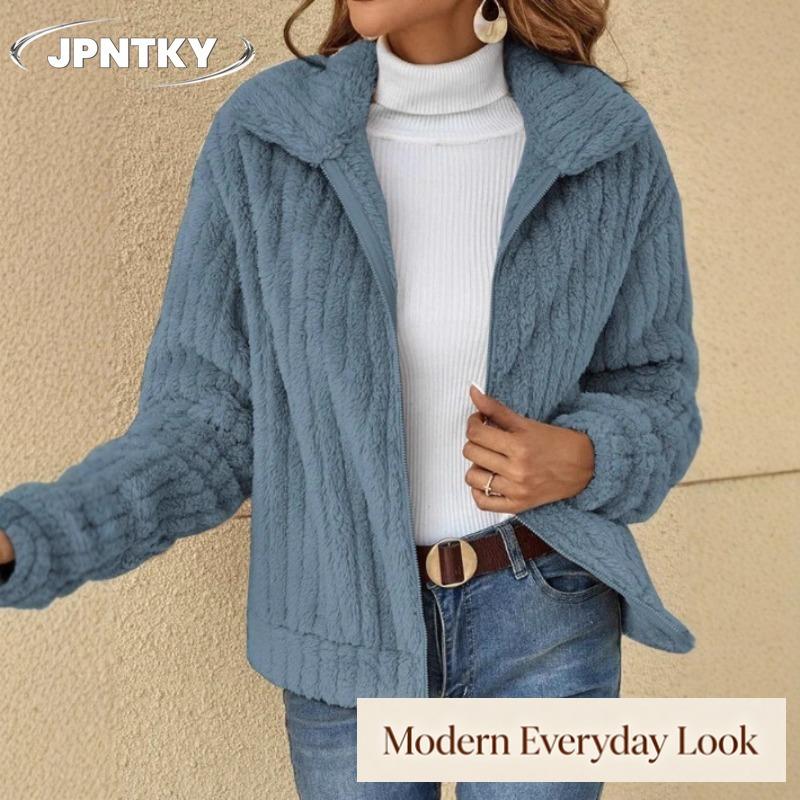 JPNTKY Women's Vintage Casual Solid Color Print Autumn Winter Long Sleeve POLO Neck Jackets & Coats