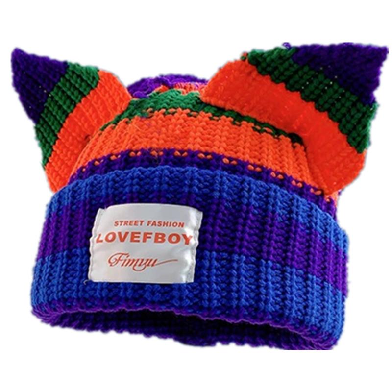 

Женская зимняя шапка-бини в стиле Y2K, уличная многоцветная шапка крупной вязки с кошачьими ушками, толстая теплая универсальная вязаная шапка с ушками 56cm-60cm