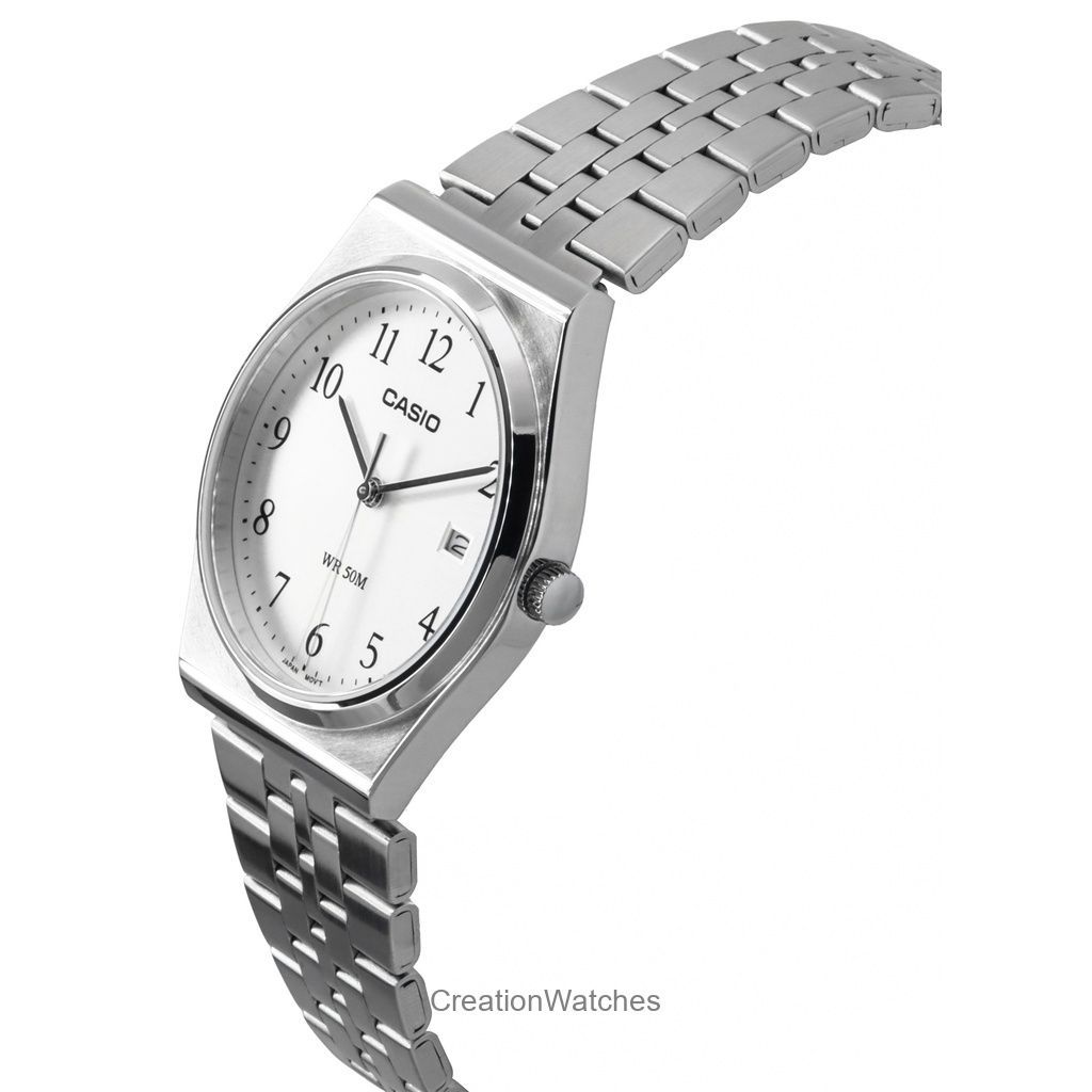 Casio Standard-Analog-Herrenuhr aus Edelstahl mit weißem Zifferblatt und Quarzwerk MTP-B145D-7B