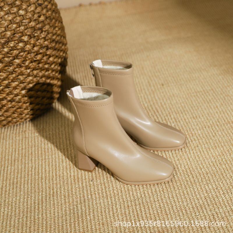 New women's boots high heel square head short boots Martin boots rear zipper short boots spring and autumn single boots women's thick heel boots