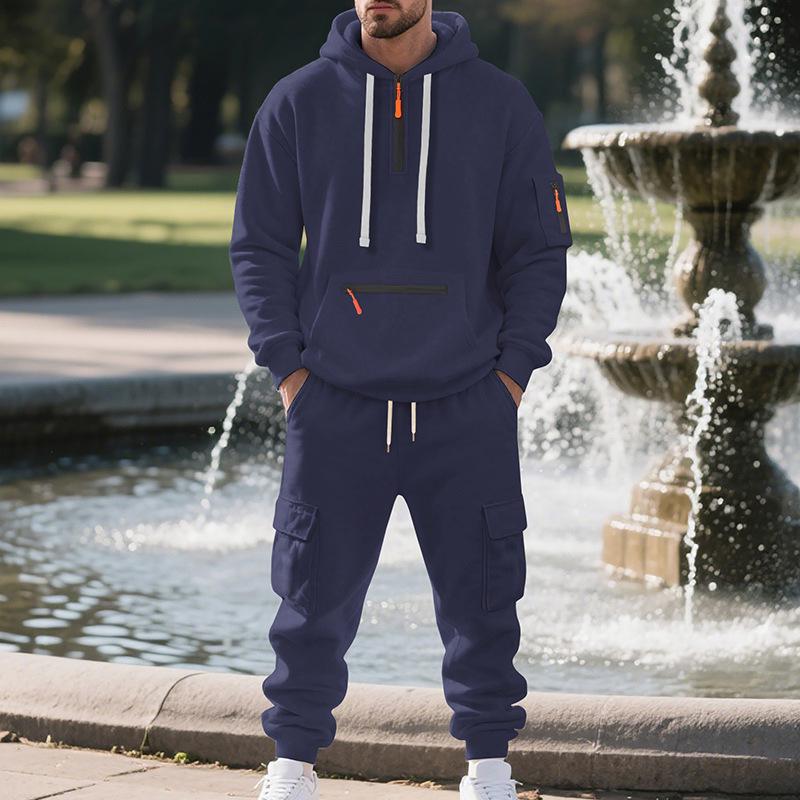 Autumn Winter Men's Fleece Zipper Hoodie & Multi-Pocket Workwear Pants Set