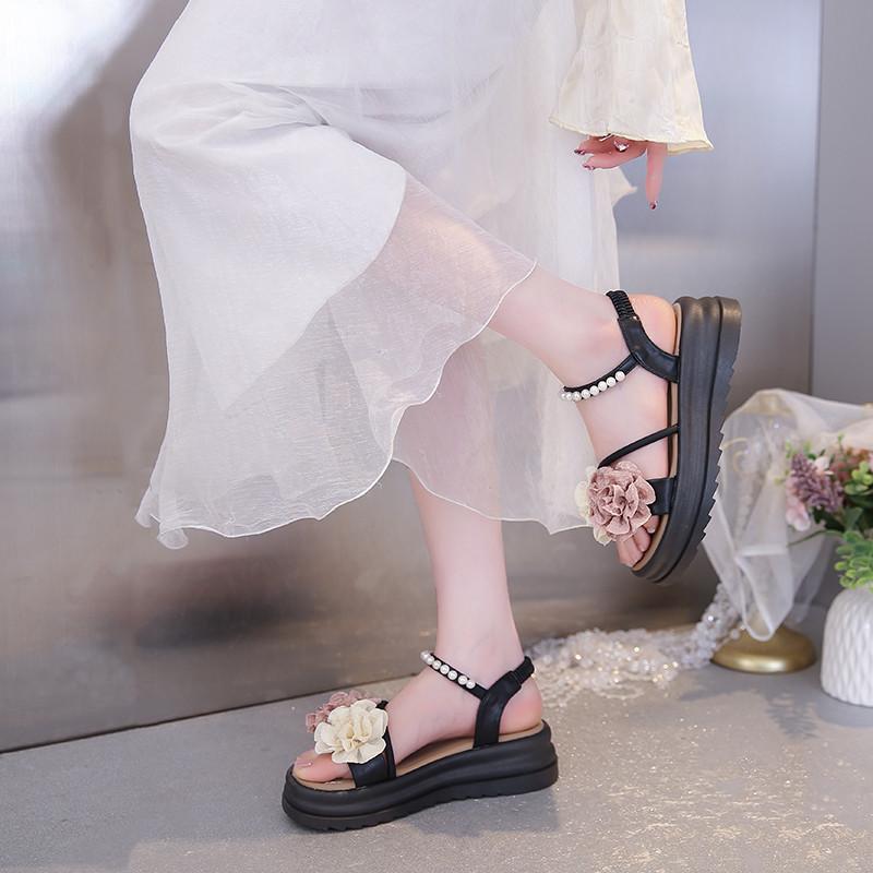 Fashion 2025 Sandals Retro Woman Shoes Open Toe Summer Heels All-Match New Original Peep Flat Outside Pearl Girls Floral Flower
