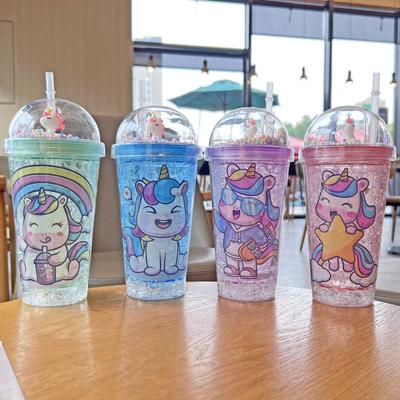 New High-value Unicorn Straw Cup,Portable Cartoon Plastic Water Cups, Double-layer Glitter Crushed Ice Cup, Holiday Gift Tea Cup