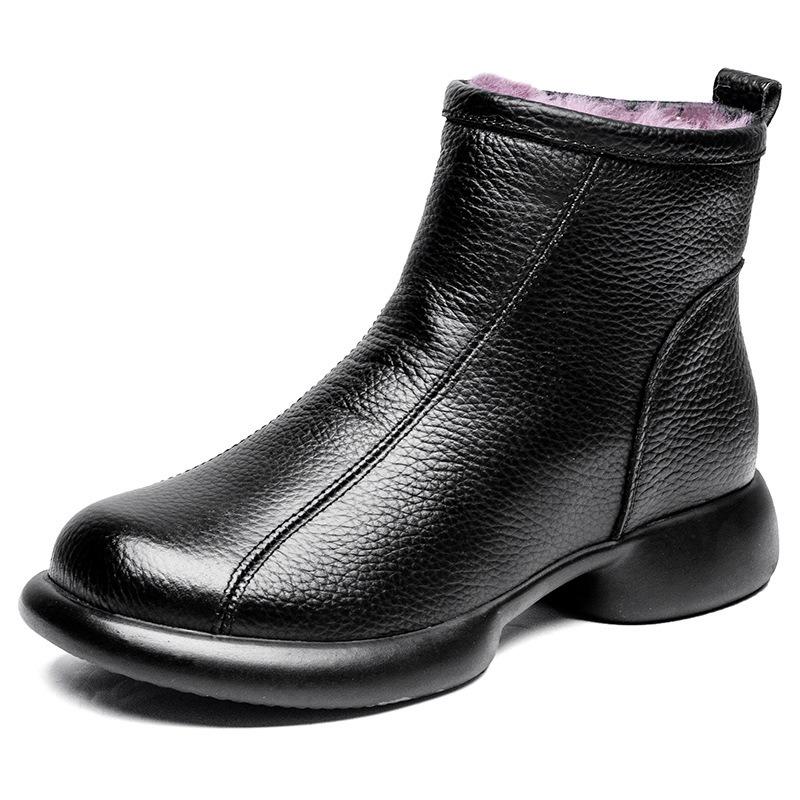 Winter new leather wool short boots warm and thickened medium mother shoes comfortable and foot fur integrated women's cotton shoes