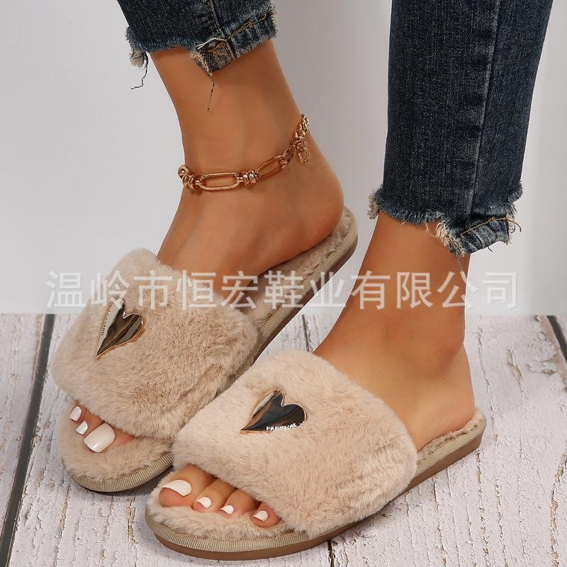 Women's Heart Shaped Flat Faux Rabbit Fur Slippers, Casual Indoor Home Footwear, Plus Size Warm Comfortable Slip On House Shoes