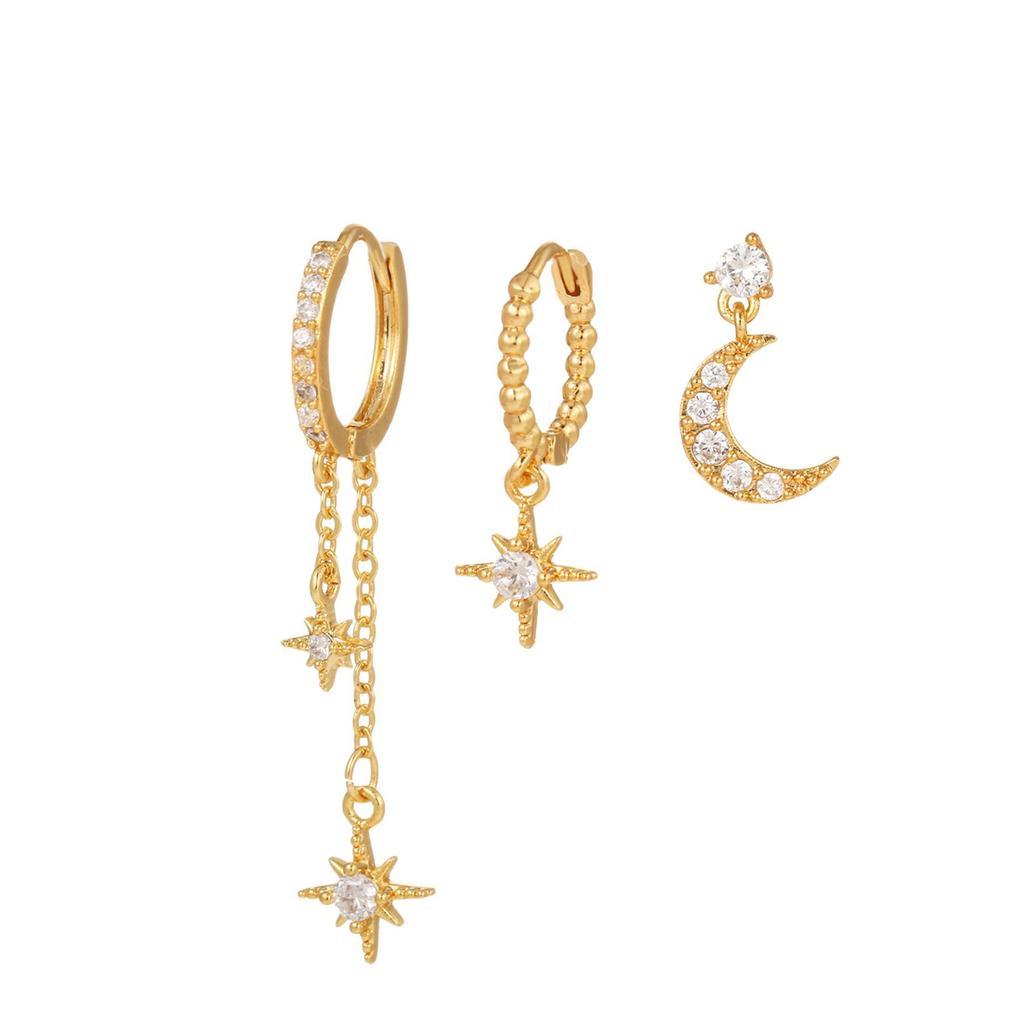 Star and Moon Chain Tassel Earrings with Hexagram Zircon Studs Set - Women's Dangle Earrings
