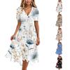 Women's Casual V Neck Short Sleeve Floral Print Dress Midi Length Wrap Style Summer Dress with Adjustable Waist Tie