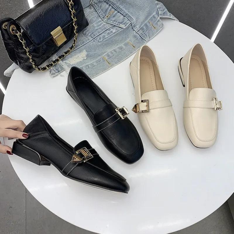 Party Leather Shoes  Low Heel Ladies Pumps British Loafers Belt Buckly Casual Shoe Square Toe High Heels 2025 New