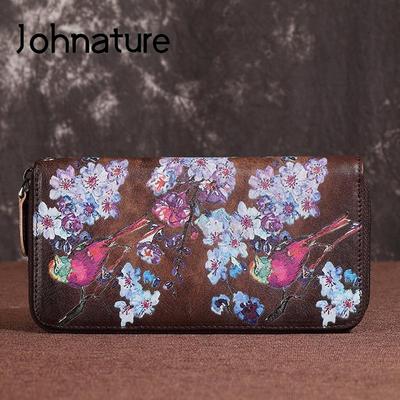 Peněženka s potiskem Retro Real Leather Dlouhé Dámské Peněženky a peněženky Držák na karty Peněženka Měkká peněženka na telefon z hovězí kůže
