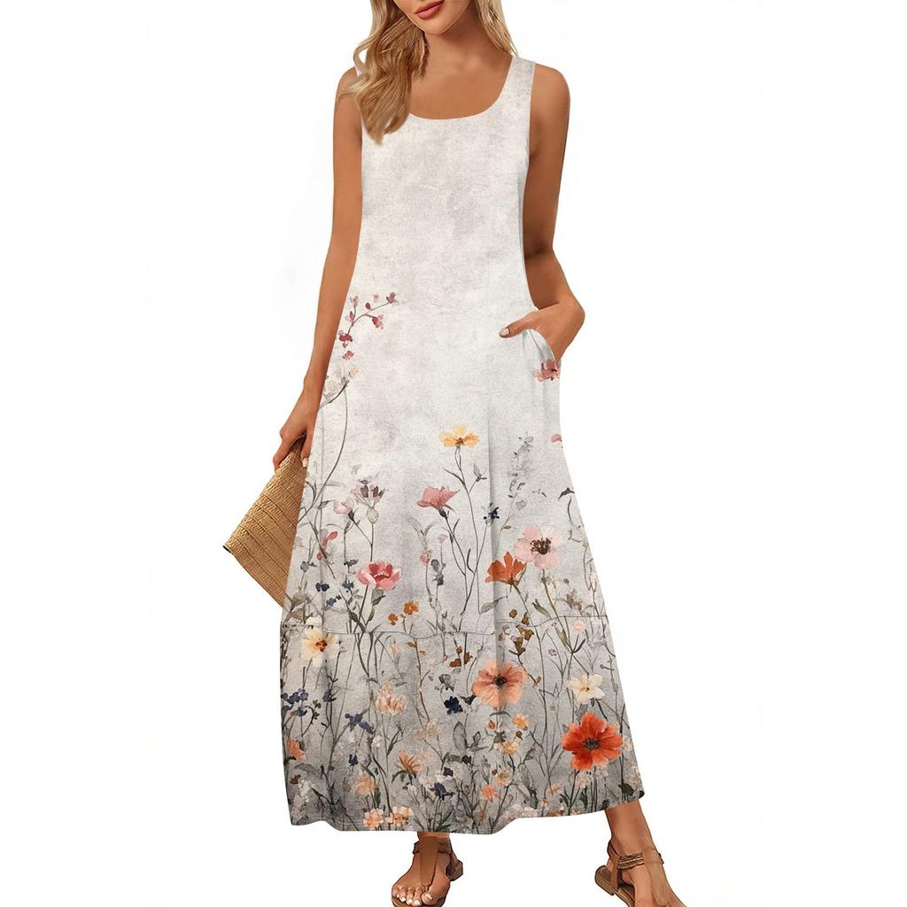 Women's Casual Floor-length Sundress Summer Beach Dress Round Neck Sleeveless Loose  Print Sundress