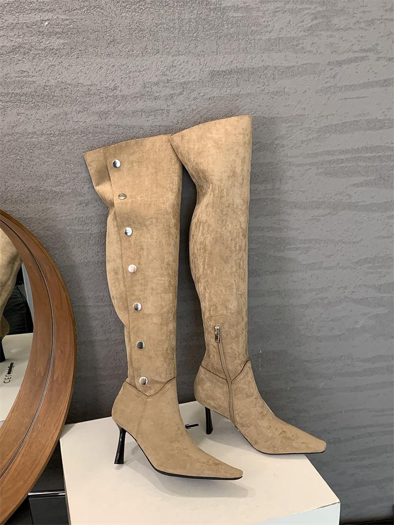 Two Wearing Retro Pointed Tall Pile Boots Women's Thin Heel Knight Boots High Heel Pleated Over Knee Western Boots
