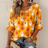 Women's Halloween Print Round Neck Tie Front Ruffle Blouse Three-Quarter Sleeves