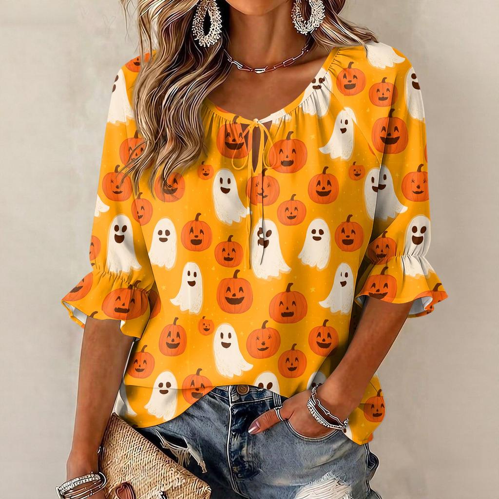 Women's Halloween Print Round Neck Tie Front Ruffle Blouse Three-Quarter Sleeves
