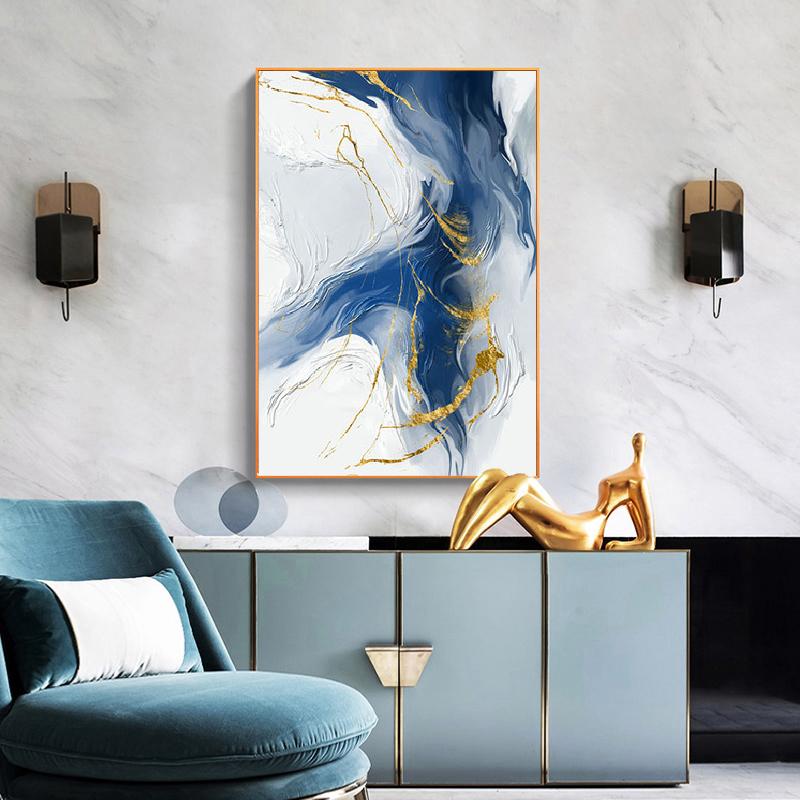 Luxury Style Blue Golden Abstract Simplicity Graphic Art Contemporary Canvas Painting Poster Print Wall Picture Home Decoration