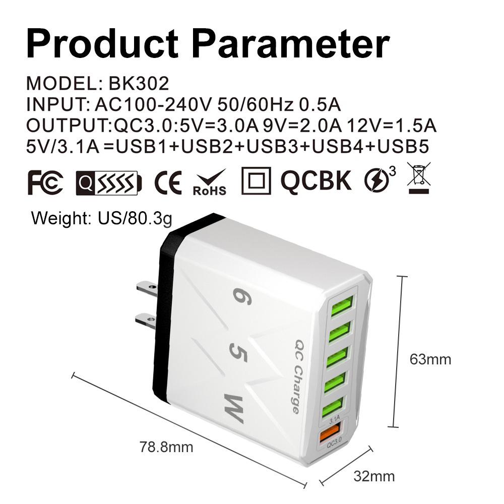 65W High-Power 6-Port USB Fast Charger for Mobile Phones (US/EU/UK Standard)