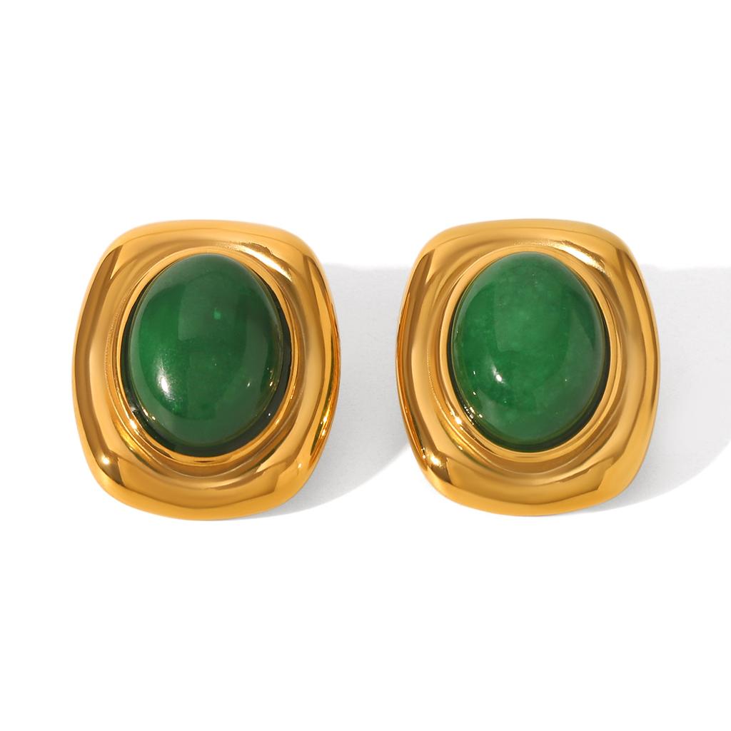 French Retro Court Style Inlaid Natural Stone Stud Earrings, Elegant Women's Earrings, 18K Gold Plated Titanium Steel Jewelry