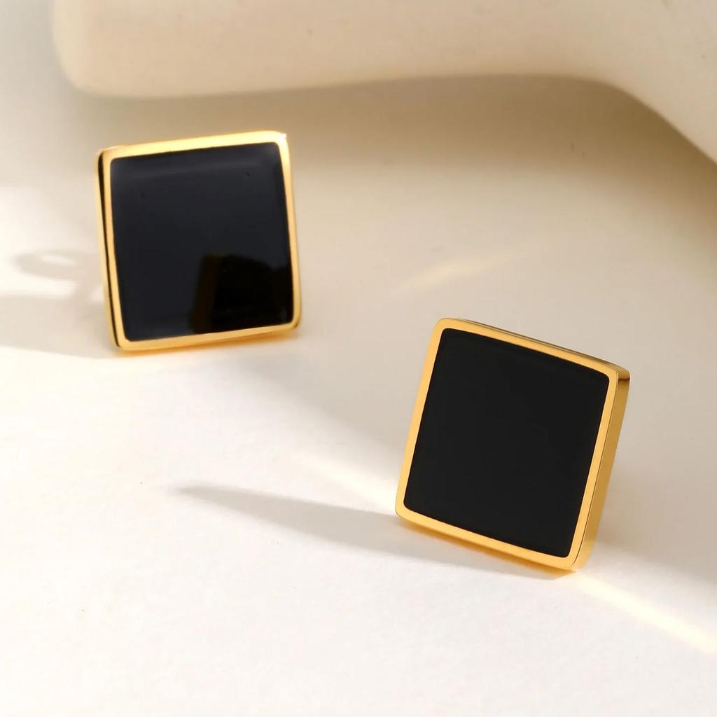 Stainless Steel Square Stud Earrings for Women,Water Proof Black Oil Earrings Gold Color,Fashion Jewelry Lady Gift