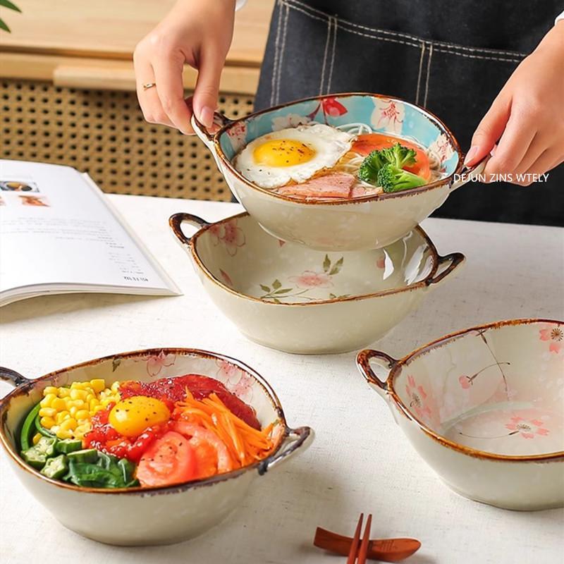 1PC Japanese Style Double-handle Soup Bowl Ceramic Noodle Bowl Kitchen Tableware Pasta Salad Bowl Home Microwave Oven Bakware