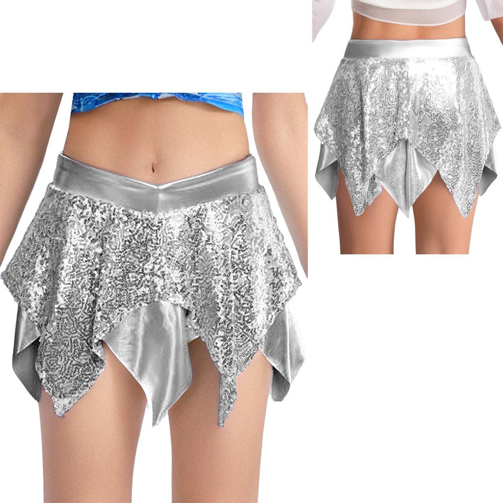 Versatile Girls Stage Outfit: Metallic Sequins Asymmetric Skirt for Dance Competition, Party & Halloween Costume