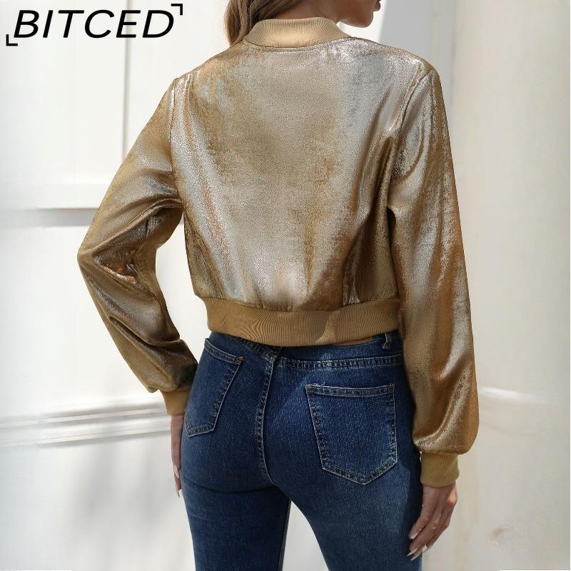 BITCED Women's Spring/Fall Long-Sleeve Zipper Gold Foil Casual Jacket