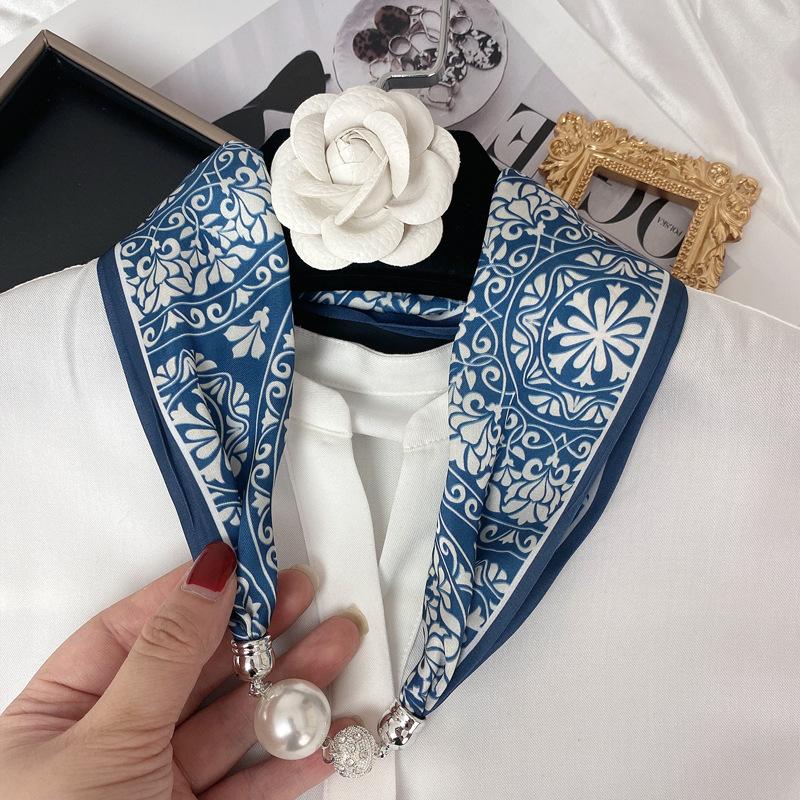 Luxury Design Magnetic Button Summer Silk Scarf Women Magnetic Pearl Necklace Scarves High End Matching Shirt Scarf Lady
