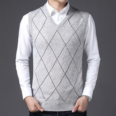 Autumn and Winter Men's Fur Vest, Middle-aged and Elderly V-neck Knitted Sweater, Men's Rhombus Jacquard Vest