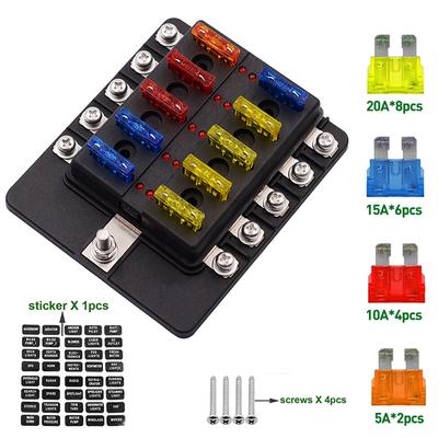 Car Boat Blade Fuse Box Block 10 Ways Fuse Holder 12-32V Plastic Cover with LED Indicator Light for Power Panel Board Camper RV