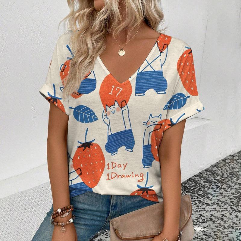 Summer Simple Trendy V-neck T-shirt Loose Casual Cat 3D Digital Printed Casual Short Sleeve T-Shirts Women’s