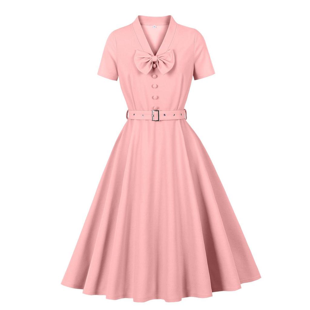 Damen Retro Swingkleider Kurzarm V-Ausschnitt Schleife Knopfleiste Gürtel Hepburn-Stil Kleid Hohe Taille Freizeitkleidung