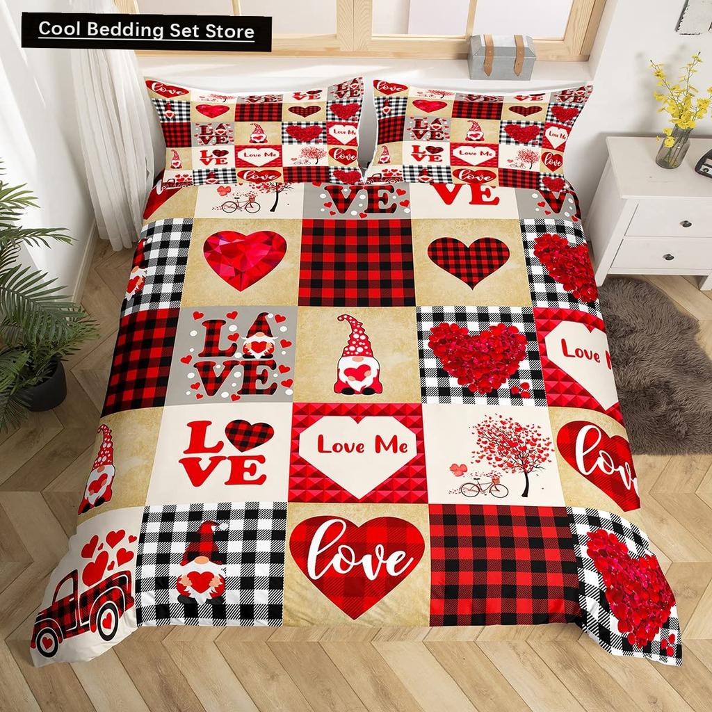 Valentinstag King Bettbezug Romantisches Bettwäsche-Set Kawaii Paar Wichtel Bettdeckenbezug Rosa Rosen Herzen Polyester Steppdeckenbezug