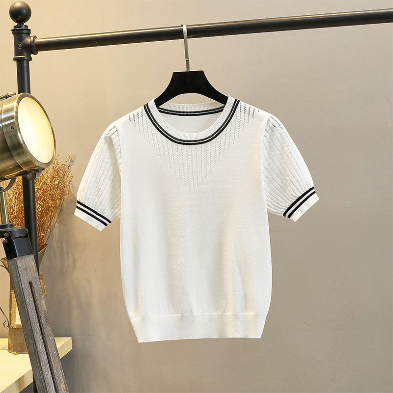 

Ice Silk Sweater Women s round Neck Short Sleeve T-Shirt Summer Thin Western Style Cut Out Easiest for Match K-style Silm Inner Wear Base White S