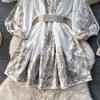 Französisches Vintage-Kleid mit V-Ausschnitt, Falten, Gürteldruck, lange Laternenärmel, einreihig, lässig, kurze Kleider für Damen im Herbst