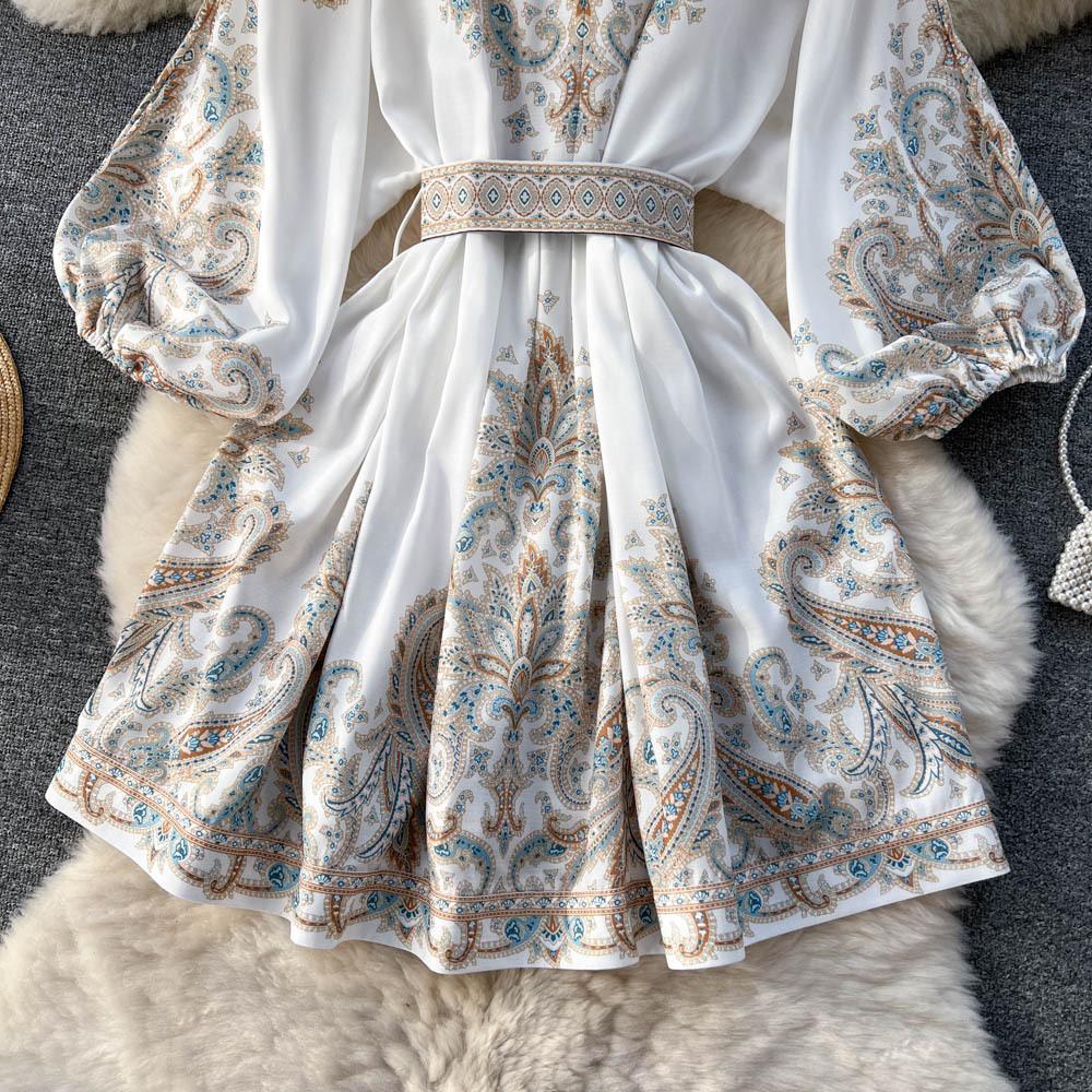 Französisches Vintage-Kleid mit V-Ausschnitt, Falten, Gürteldruck, lange Laternenärmel, einreihig, lässig, kurze Kleider für Damen im Herbst