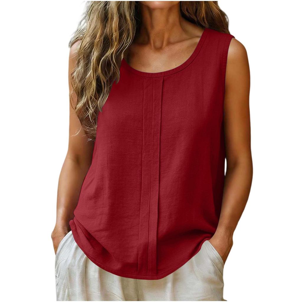 Women Sleeveless Linen Cotton Casual Tank Top Loose Fit Round Neck Lightweight Blouse for Summer Daily Wear