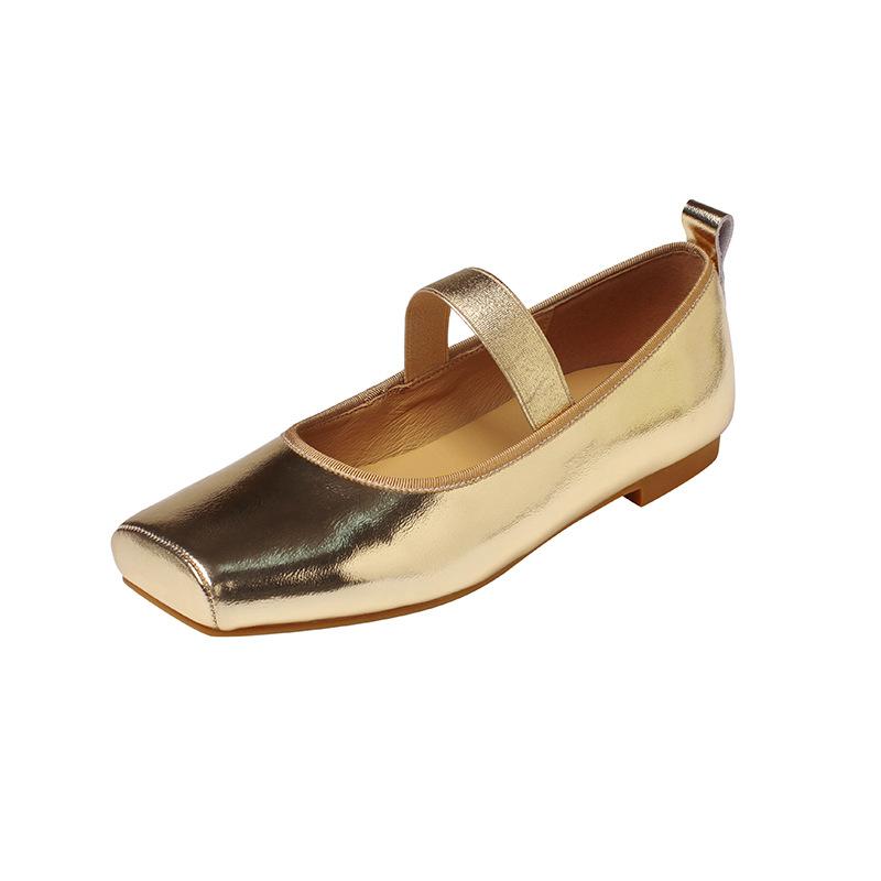 Leather Retro 2025 New One-word Elastic Band Square Head Shallow Mouth Ballet Shoes Flat Single Shoes Women
