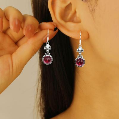 1 Pair Hook Earrings Natural Garnet Main Stone Drop Earrings Retro Ethnic Style