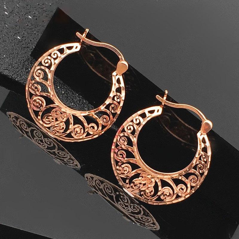 Exquisite 585 Purple Gold Earrings Rose Gold Plated Russian Fashion Design Luxury Hollow Pattern Exquisite Earrings