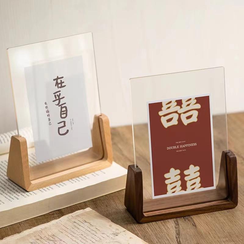 U-Shaped Walnut Beech Wood Photo Frame Transparent Acrylic Clear Picture Display for Cafe Shop Table Decor