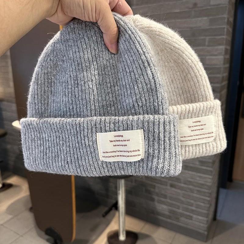 Knitted Hat for Women In Autumn and Winter Korean Ins Style Fashion Letter Label Wool Blended Thick Warm and Cold Pullover Hat