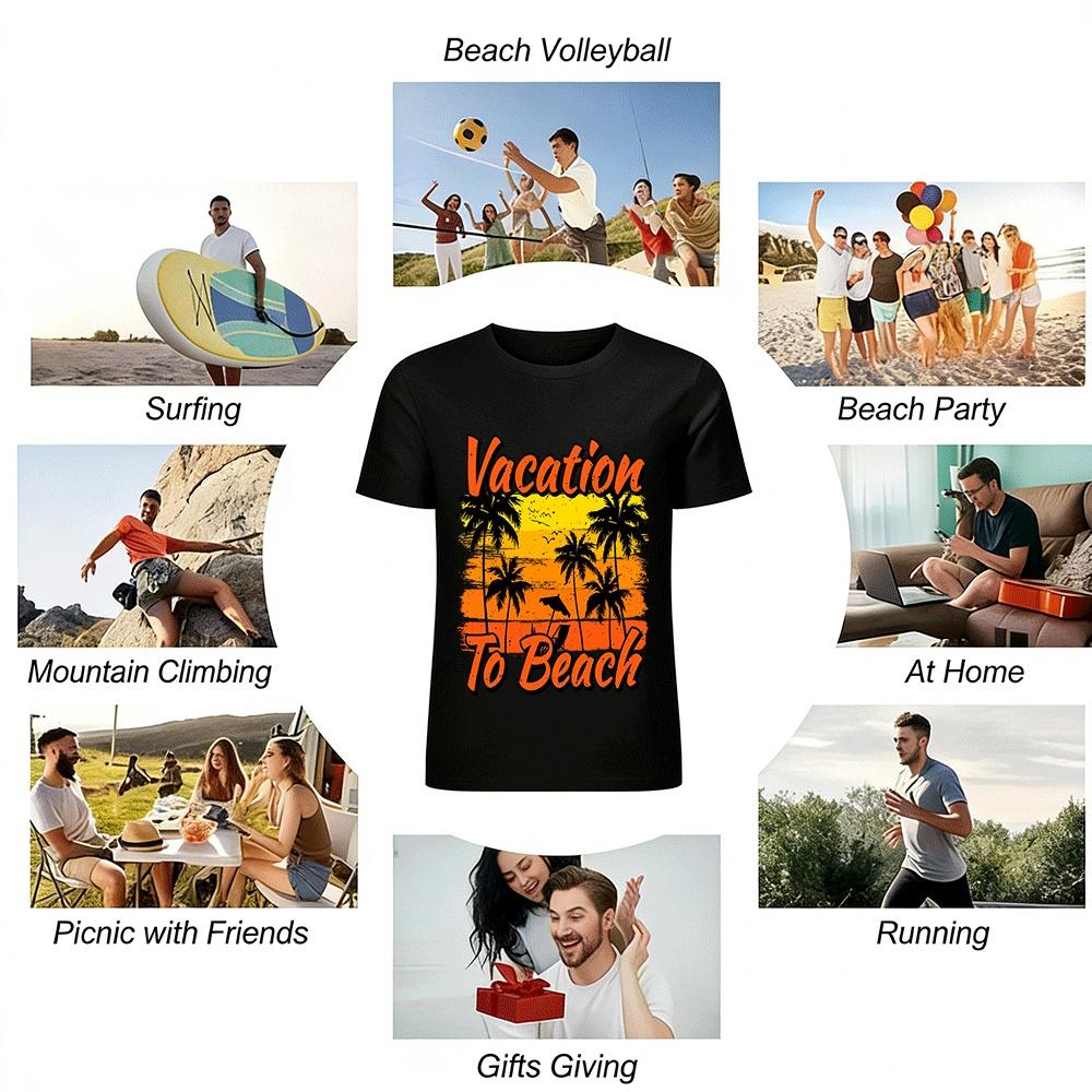 Retro Beach Vacation Print Tee Coconut Tree Sunset Holiday Top Pure Cotton T-shirt