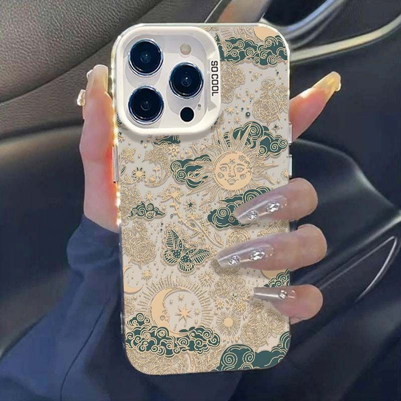 Retro Style Sun Moon Stars Art Phone Case for iPhone 17 16 15 14 13 12 11 Series Pro Max Plus Double Layer Protection
