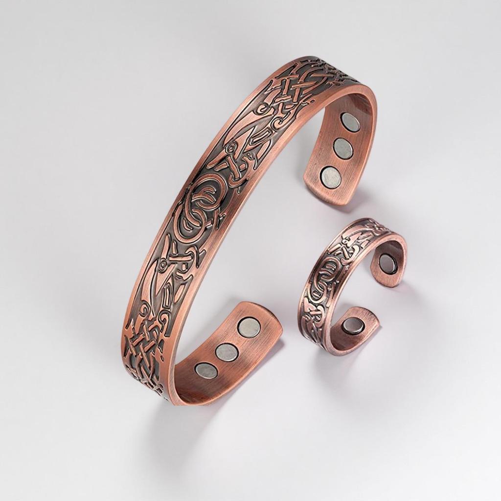 Vintage Magnetic Stone Bracelet & Ring Set with Antique Red Copper Finish for Men & Women