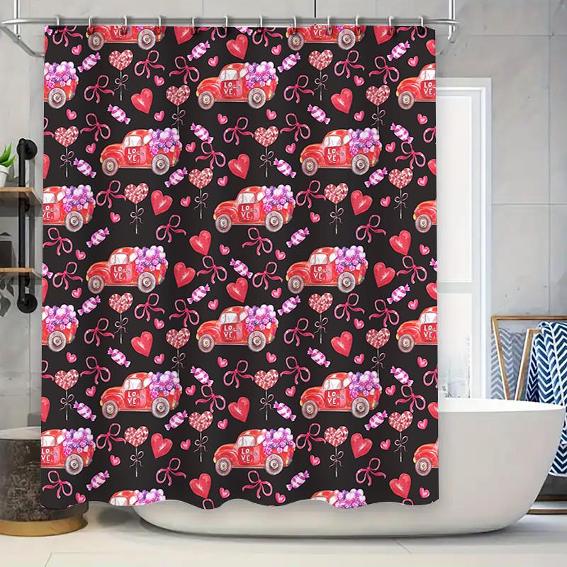 

Valentine s Day Shower Curtain with Red Candy Car Love Heart Pattern Decorative Bath Mat Set for Home Decoration Pink/Red 90x180cm