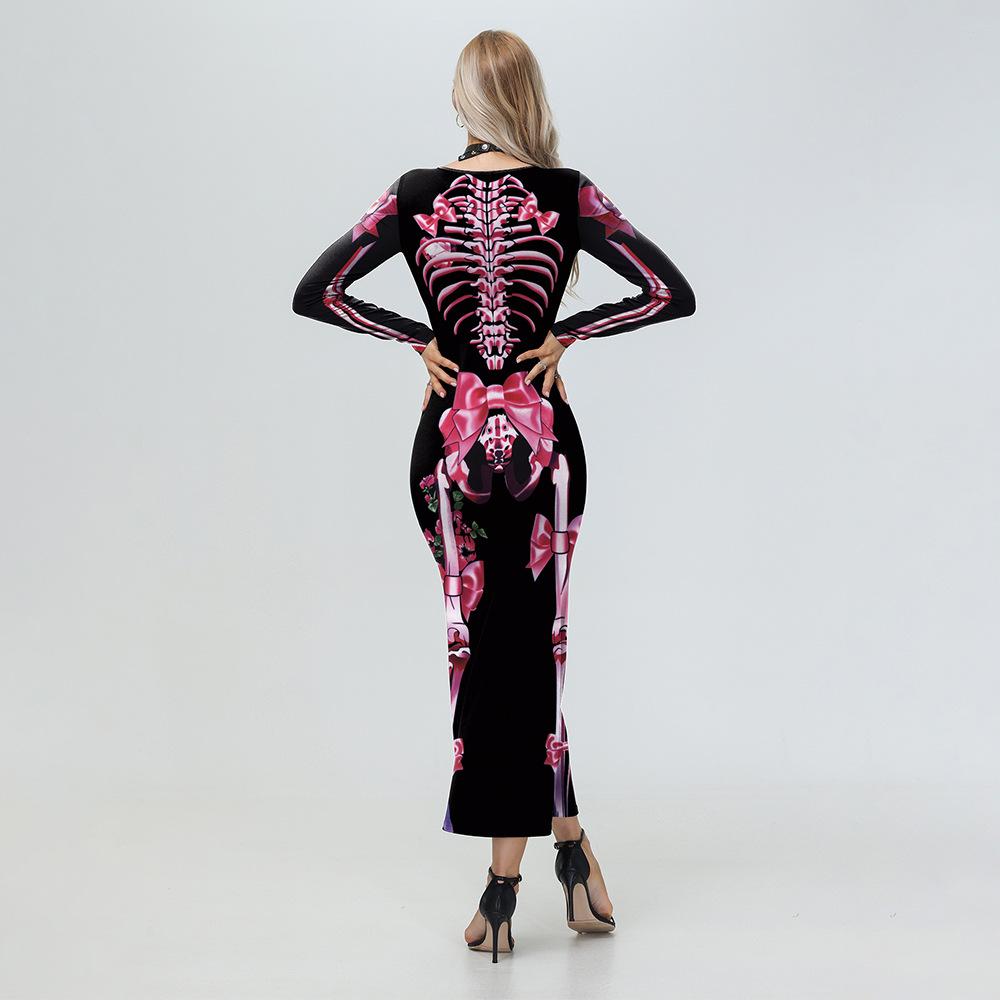 Höst vinter Cosplay Halloween damkläder svarta maxiklänningar vintage personlighet skelett digitalt tryck långärmad klänning för kvinnor kjol