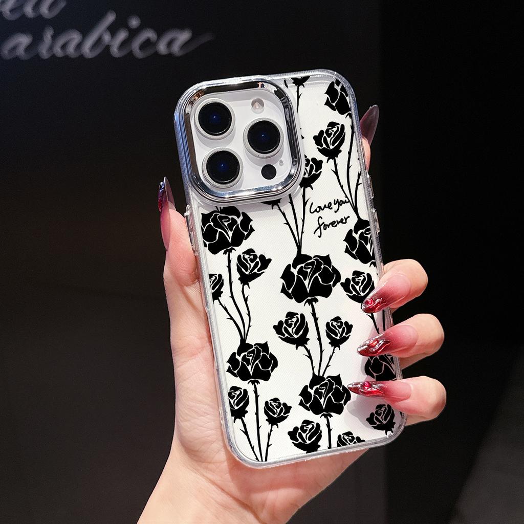 Clear Black Rose Phone Case for iPhone 17 Air 16E 16 15 Pro Max 14 Plus 13 12 Mini X Xs 8 7 Soft TPU Cover Coques Accessory